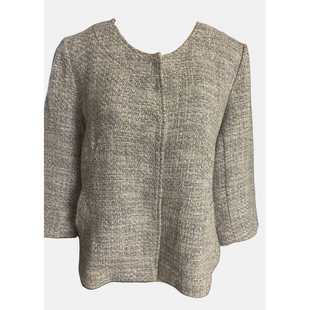 J Jill Petite L Beige Gray Tweed Scoop 3/4 Sleeve Lined Pocket Snap Jacket